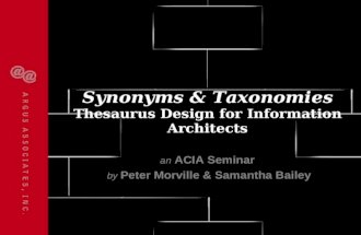 1 Synonyms & Taxonomies Synonyms & Taxonomies Thesaurus Design for Information Architects an ACIA Seminar by Peter Morville & Samantha Bailey.