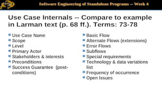 Software Engineering of Standalone Programs -- Week 4 Use Case Internals -- Compare to example in Larman text (p. 68 ff.). Terms: 73-78 Use Case Name Scope.