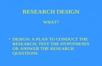 RESEARCH DESIGN WHAT? DESIGN: A PLAN TO CONDUCT THE RESEARCH, TEST THE HYPOTHESES OR ANSWER THE RESEARCH QUESTIONS.
