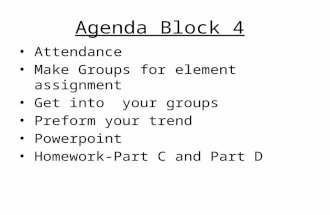 Agenda Block 4 Attendance Make Groups for element assignment Get into your groups Preform your trend Powerpoint Homework-Part C and Part D.