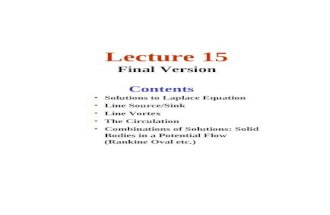 Lecture 15 Final Version Solutions to Laplace Equation Line Source/Sink Line Vortex The Circulation Combinations of Solutions: Solid Bodies in a Potential.