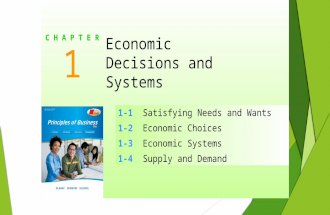 SLIDE 1 1-1 1-1Satisfying Needs and Wants 1-2 1-2Economic Choices 1-3 1-3Economic Systems 1-4 1-4Supply and Demand 1 C H A P T E R Economic Decisions and.