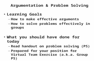 Learning Goals –How to make effective arguments –How to solve problems effectively in groups What you should have done for today –Read handout on problem.
