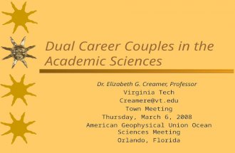 Dual Career Couples in the Academic Sciences Dr. Elizabeth G. Creamer, Professor Virginia Tech Creamere@vt.edu Town Meeting Thursday, March 6, 2008 American.
