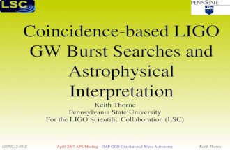 G070212-05-Z April 2007 APS Meeting - DAP GGR Gravitational Wave AstronomyKeith Thorne Coincidence-based LIGO GW Burst Searches and Astrophysical Interpretation.