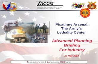 TACOM Tank-automotive & Armaments COMmand Picatinny Arsenal: The Army’s Lethality Center Advanced Planning Briefing For Industry 29 May 2002.