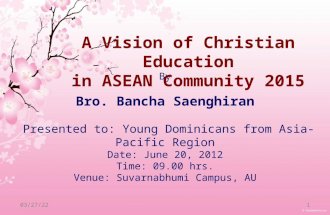 9/13/20151 By Bro. Bancha Saenghiran Presented to: Young Dominicans from Asia-Pacific Region Date: June 20, 2012 Time: 09.00 hrs. Venue: Suvarnabhumi Campus,