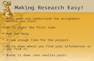 Making Research Easy! Make sure you understand the assignment before you start. Do it right the first time. Ask for help. Allow enough time for the project.