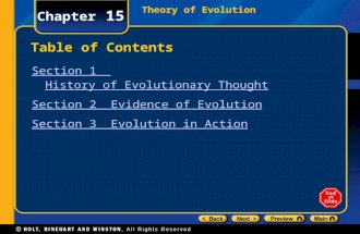 Theory of Evolution Chapter 15 Table of Contents Section 1 History of Evolutionary Thought Section 2 Evidence of Evolution Section 3 Evolution in Action.
