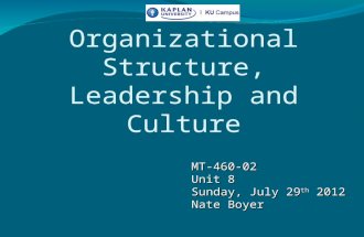 Organizational Structure, Leadership and Culture MT-460-02 Unit 8 Sunday, July 29 th 2012 Nate Boyer.