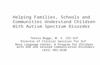 Helping Families, Schools and Communities Understand Children With Autism Spectrum Disorder Teresa Boggs, M. S. CCC-SLP Director of Clinical Services.