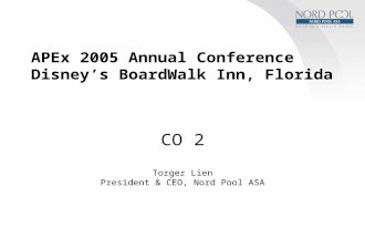 APEx 2005 Annual Conference Disney’s BoardWalk Inn, Florida CO 2 Torger Lien President & CEO, Nord Pool ASA.
