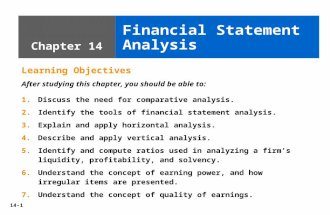 14-1 Chapter 14 Financial Statement Analysis Learning Objectives After studying this chapter, you should be able to: 1.Discuss the need for comparative.