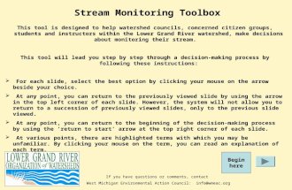 Stream Monitoring Toolbox Begin here This tool is designed to help watershed councils, concerned citizen groups, students and instructors within the Lower.