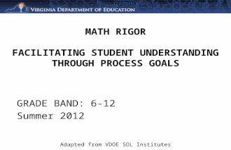 MATH RIGOR FACILITATING STUDENT UNDERSTANDING THROUGH PROCESS GOALS Adapted from VDOE SOL Institutes GRADE BAND: 6-12 Summer 2012.