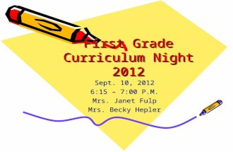 First Grade Curriculum Night 2012 Sept. 10, 2012 6:15 – 7:00 P.M. Mrs. Janet Fulp Mrs. Becky Hepler.