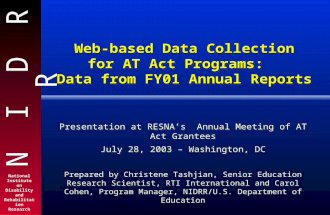 N I D R R National Institute on Disability and Rehabilitation Research Web-based Data Collection for AT Act Programs: Data from FY01 Annual Reports Presentation.