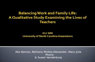 Balancing Work and Family Life: A Qualitative Study Examining the Lives of Teachers ELC 688 University of North Carolina Greensboro Ako Barnes, Bethany.