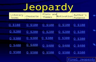 Jeopardy Literary Terms Characters Plots and Themes Motivation Author’s Purpose Q $100 Q $200 Q $300 Q $400 Q $500 Q $100 Q $200 Q $300 Q $400 Q $500.