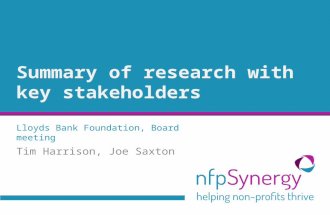 Summary of research with key stakeholders Lloyds Bank Foundation, Board meeting Tim Harrison, Joe Saxton.