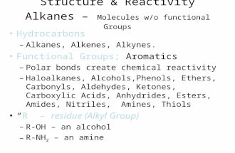 Structure & Reactivity Alkanes – Molecules w/o functional Groups Hydrocarbons –Alkanes, Alkenes, Alkynes. Functional Groups; Aromatics –Polar bonds create.
