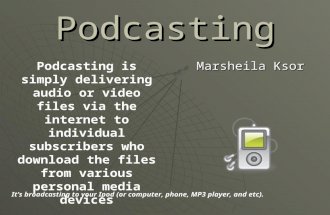 Podcasting Marsheila Ksor Podcasting is simply delivering audio or video files via the internet to individual subscribers who download the files from various.