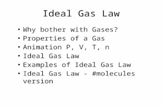 Ideal Gas Law Why bother with Gases? Properties of a Gas Animation P, V, T, n Ideal Gas Law Examples of Ideal Gas Law Ideal Gas Law - #molecules version.