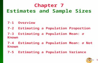 Slide Slide 1 Chapter 7 Estimates and Sample Sizes 7-1 Overview 7-2 Estimating a Population Proportion 7-3 Estimating a Population Mean: σ Known 7-4 Estimating.
