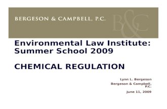 Environmental Law Institute: Summer School 2009 CHEMICAL REGULATION Lynn L. Bergeson Bergeson & Campbell, P.C. June 11, 2009.