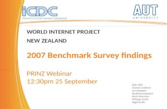 WORLD INTERNET PROJECT NEW ZEALAND 2007 Benchmark Survey findings PRINZ Webinar 12:30pm 25 September Allan Bell Charles Crothers Ian Goodwin Karishma Kripalani.