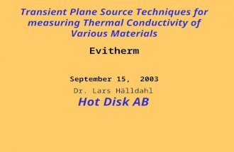 Transient Plane Source Techniques for measuring Thermal Conductivity of Various Materials Evitherm September 15, 2003 Dr. Lars Hälldahl Hot Disk AB.