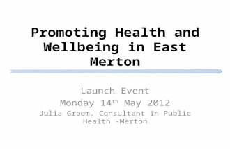 Promoting Health and Wellbeing in East Merton Launch Event Monday 14 th May 2012 Julia Groom, Consultant in Public Health -Merton.