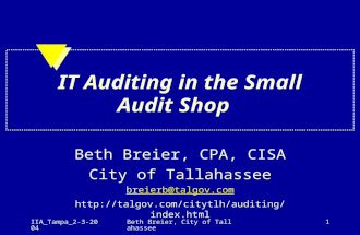 IIA_Tampa_2-3-2004Beth Breier, City of Tallahassee1 IT Auditing in the Small Audit Shop Beth Breier, CPA, CISA City of Tallahassee breierb@talgov.comeierb@talgov.com.