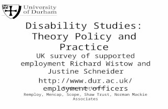 Disability Studies: Theory Policy and Practice UK survey of supported employment Richard Wistow and Justine Schneider .