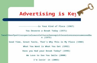 Advertising is Key… ---------------is Your Kind of Place (1967) You Deserve a Break Today (1971) Twoallbeefpattiesspecialsaucelettucecheesepicklesonionsonasesameseedbun.