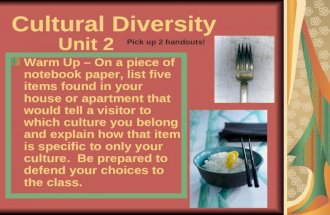 Cultural Diversity Warm Up – On a piece of notebook paper, list five items found in your house or apartment that would tell a visitor to which culture.