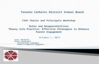 CSAC Chairs and Principals Workshop Roles and Responsibilities Theory into Practice: Effective Strategies to Enhance Parent Engagement October 1, 2014.