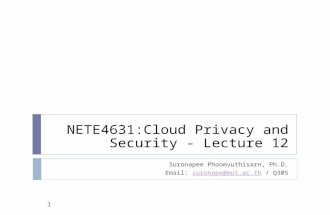 1 Suronapee Phoomvuthisarn, Ph.D. Email: suronape@mut.ac.th / Q305suronape@mut.ac.th NETE4631:Cloud Privacy and Security - Lecture 12.
