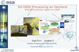 EO GRID Processing on Demand ESA grid activity report on 2007 luigi.fusco, guoqing li ESRIN, European Space Agency (ESA) Presented for WGISS-23, 2007-5-23.