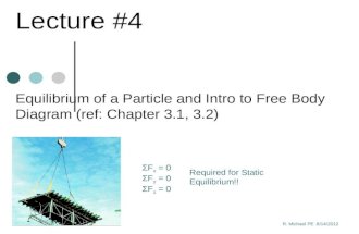 Lecture #4 ΣF x = 0 ΣF y = 0 ΣF z = 0 Required for Static Equilibrium!! Equilibrium of a Particle and Intro to Free Body Diagram (ref: Chapter 3.1, 3.2)