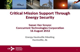 1 Critical Mission Support Through Energy Security Susan Van Scoyoc Concurrent Technologies Corporation 16 August 2012 Energy Huntsville Meeting Huntsville,