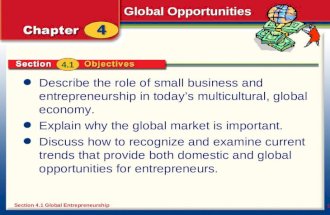 Global Opportunities 1 Describe the role of small business and entrepreneurship in today’s multicultural, global economy. Explain why the global market.