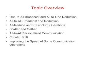 Topic Overview One-to-All Broadcast and All-to-One Reduction All-to-All Broadcast and Reduction All-Reduce and Prefix-Sum Operations Scatter and Gather.