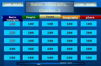 Updated: April 2009 Human Geography Chapter 1 Basic Concepts place Terms Geography People 100 200 300 400 500 100 200 300 400 500 GAME RULESFINAL ROUND.