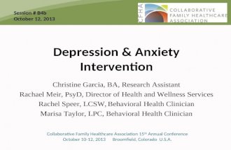 Depression & Anxiety Intervention Christine Garcia, BA, Research Assistant Rachael Meir, PsyD, Director of Health and Wellness Services Rachel Speer, LCSW,Behavioral.