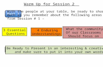 Warm Up for Session 2 Part 1 With the people at your table, be ready to share as much as you remember about the following areas from Session # 1 - 3 Essential.
