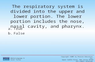 Medical Language, 1e Susan Turley Copyright ©2007 by Pearson Education, Inc. Upper Saddle River, New Jersey 07458 All rights reserved. The respiratory.