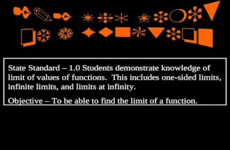 State Standard – 1.0 Students demonstrate knowledge of limit of values of functions. This includes one-sided limits, infinite limits, and limits at infinity.