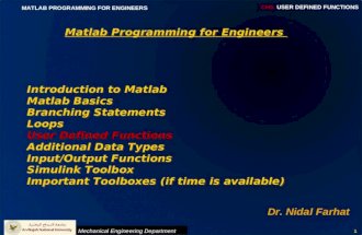 Matlab Programming for Engineers Dr. Nidal Farhat Introduction to Matlab Matlab Basics Branching Statements Loops User Defined Functions Additional Data.