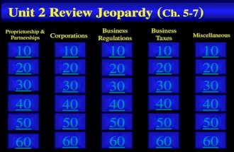 Unit 2 Review Jeopardy ( Ch. 5-7 ) 50 40 10 20 30 50 40 10 20 30 50 40 10 20 30 50 40 10 20 30 50 40 10 20 30 Corporations Proprietorship & Partnerships.